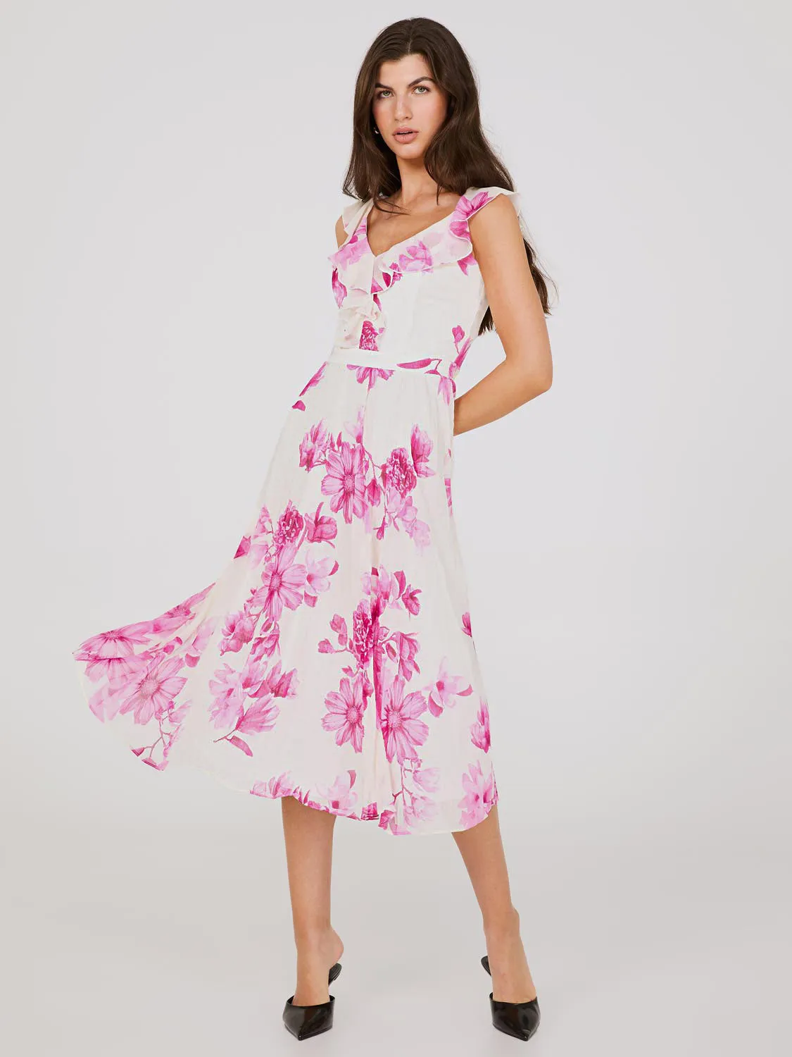 Floral Print Chiffon Ruffle Midi Dress sold by Suzy Shier