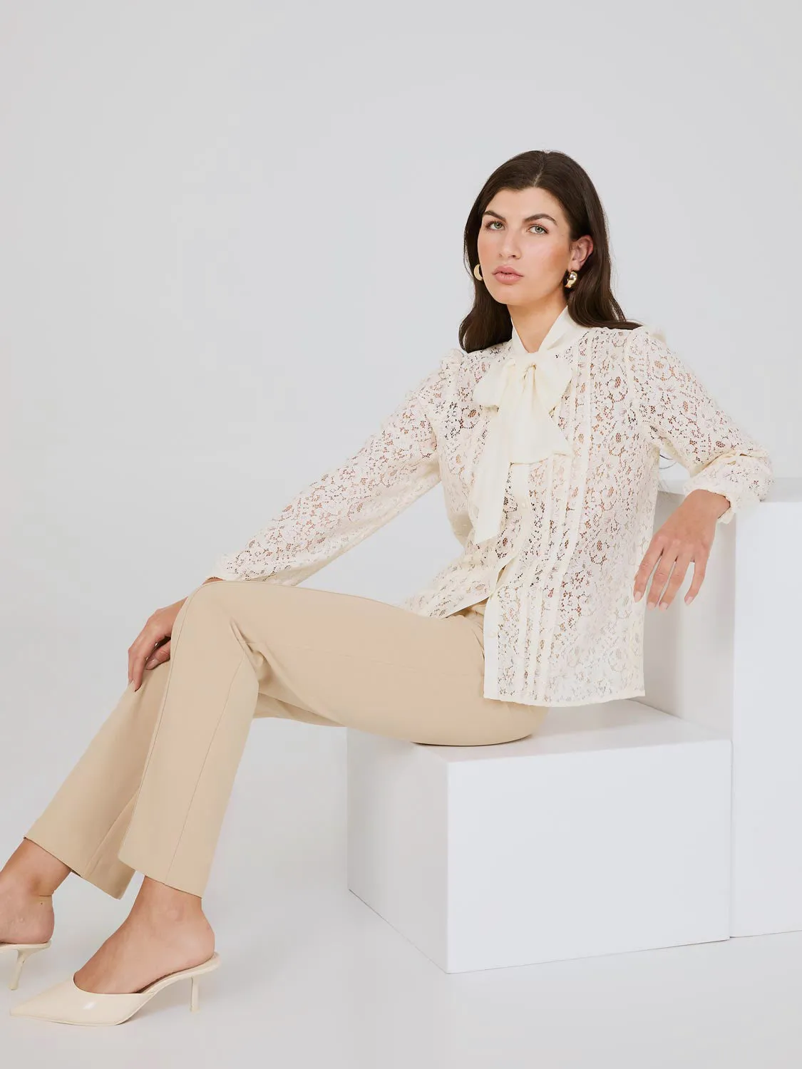 Lace Button-Front Bow Blouse sold by Suzy Shier