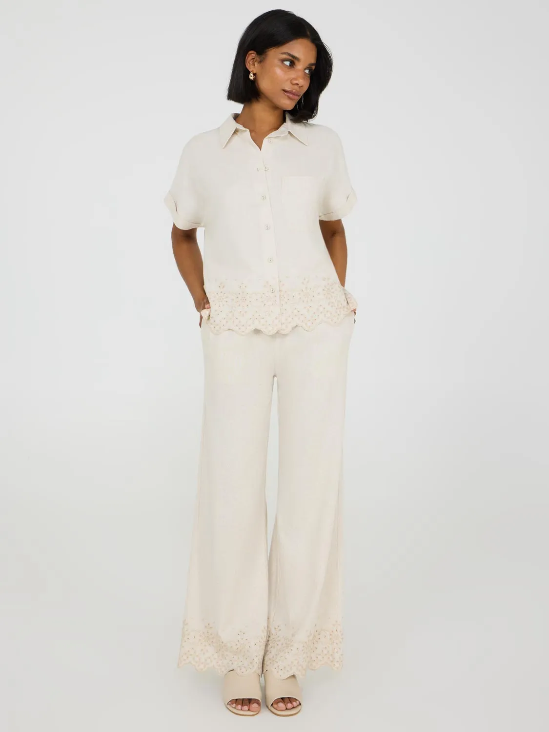 Wide Leg Linen Pant With Embroidered Hem sold by Suzy Shier
