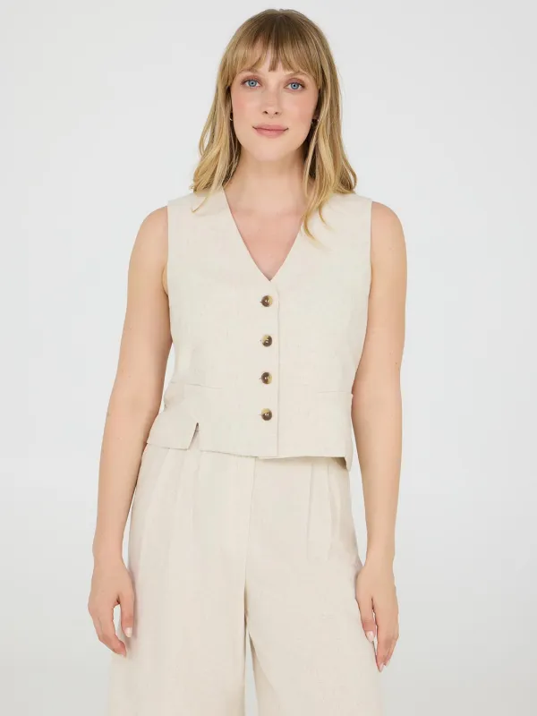 Button-Up Linen Vest sold by Suzy Shier