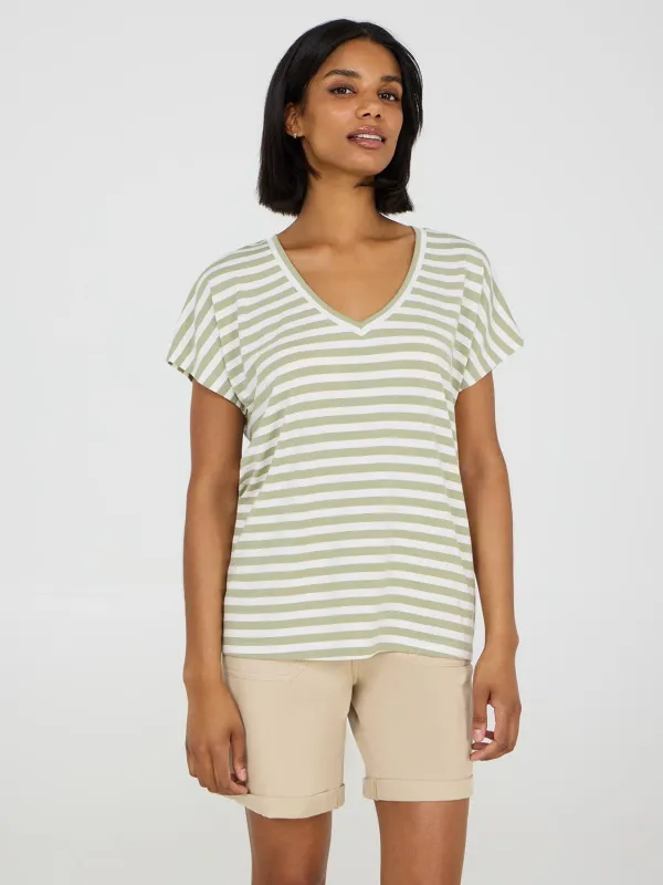 Striped V-Neck Dolman Sleeve T-Shirt sold by Suzy Shier