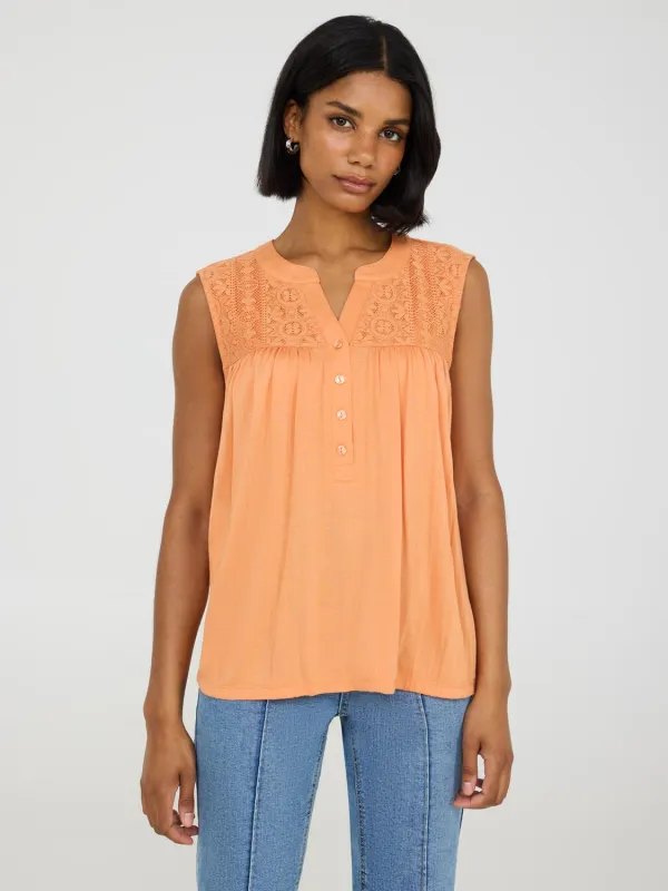 Sleeveless Henley Top With Lace Details sold by Suzy Shier