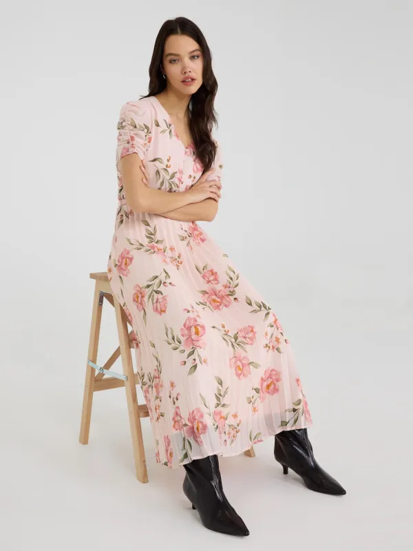 Printed V-Neck Pleated Midi Dress sold by Suzy Shier
