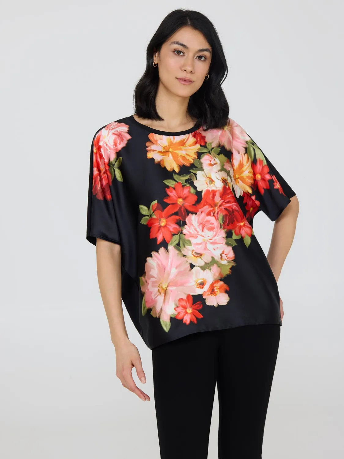 Short Dolman Sleeve Satin Floral Top sold by Suzy Shier