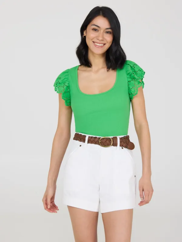 Short Eyelet Flutter Sleeve Cotton Top sold by Suzy Shier