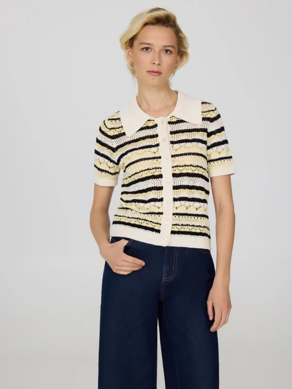 Button-Up Striped Cotton Crochet Top sold by Suzy Shier