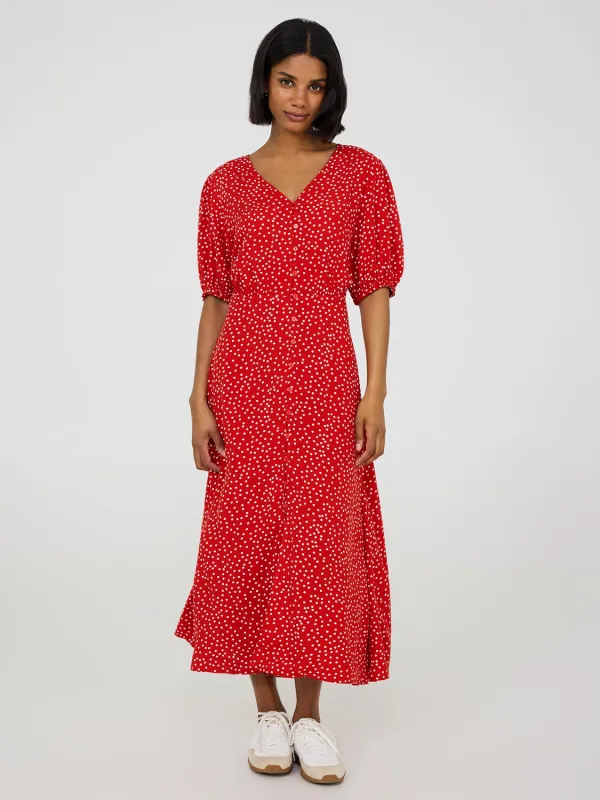 Dot Print Puff Sleeve Midi Dress sold by Suzy Shier