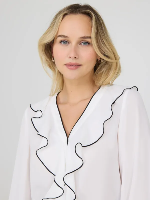 Ruffle V-Neck Button-Front Blouse sold by Suzy Shier