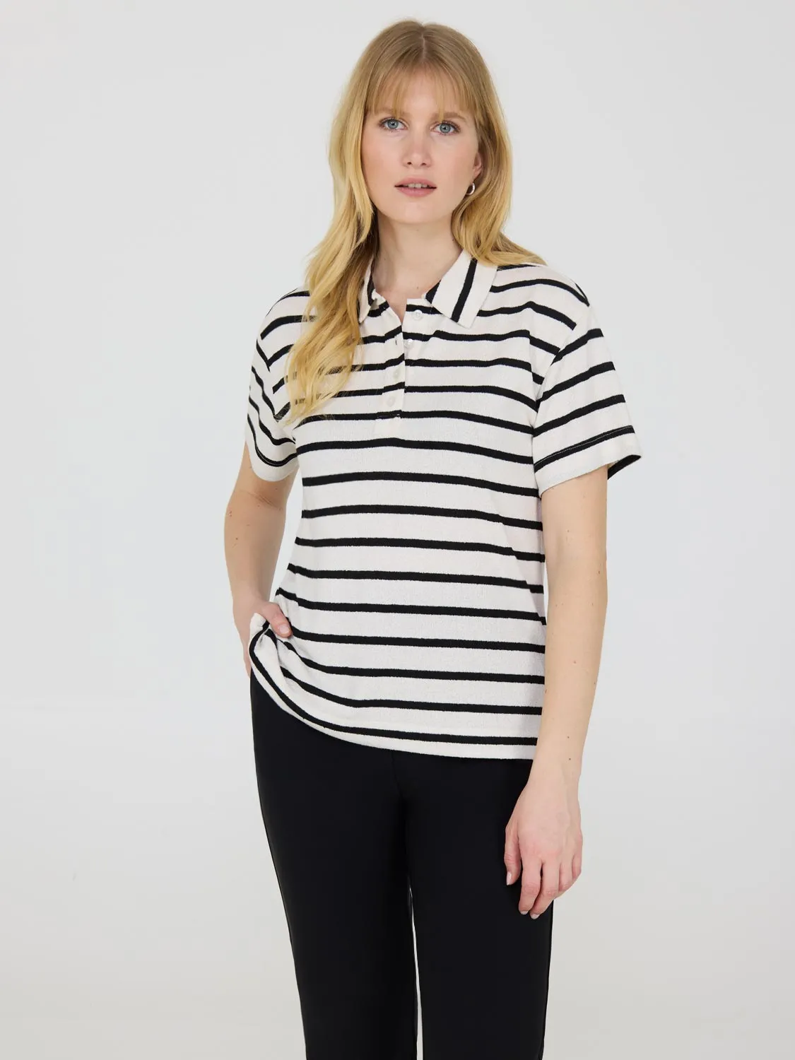 Short Sleeve Striped Polo Shirt sold by Suzy Shier