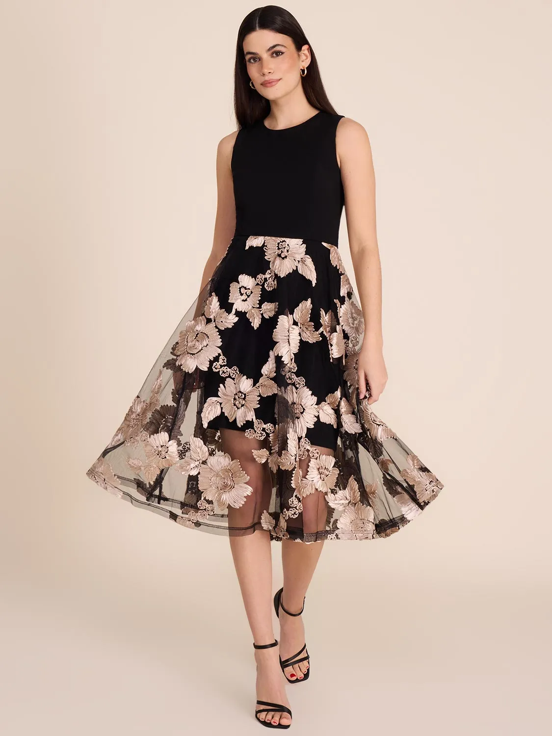 Midi Fit & Flare Dress With Floral Mesh Skirt sold by Suzy Shier