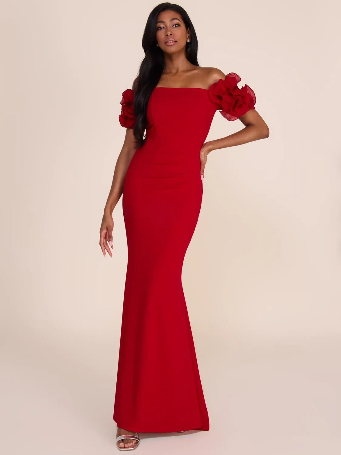 Off-The-Shoulder Gown With Chiffon Rosettes sold by Suzy Shier