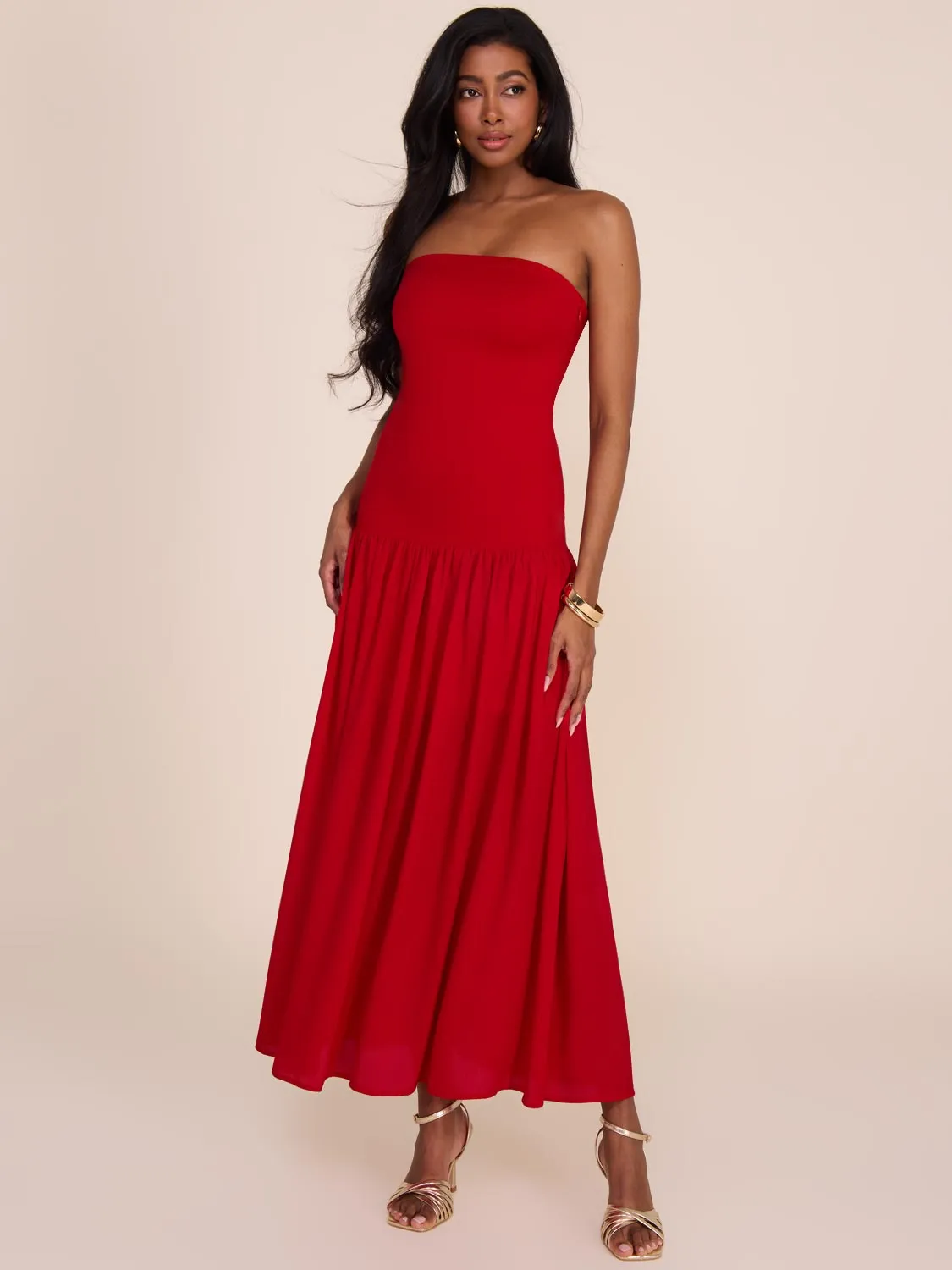 Strapless Midi Dress With Chiffon Skirt sold by Suzy Shier