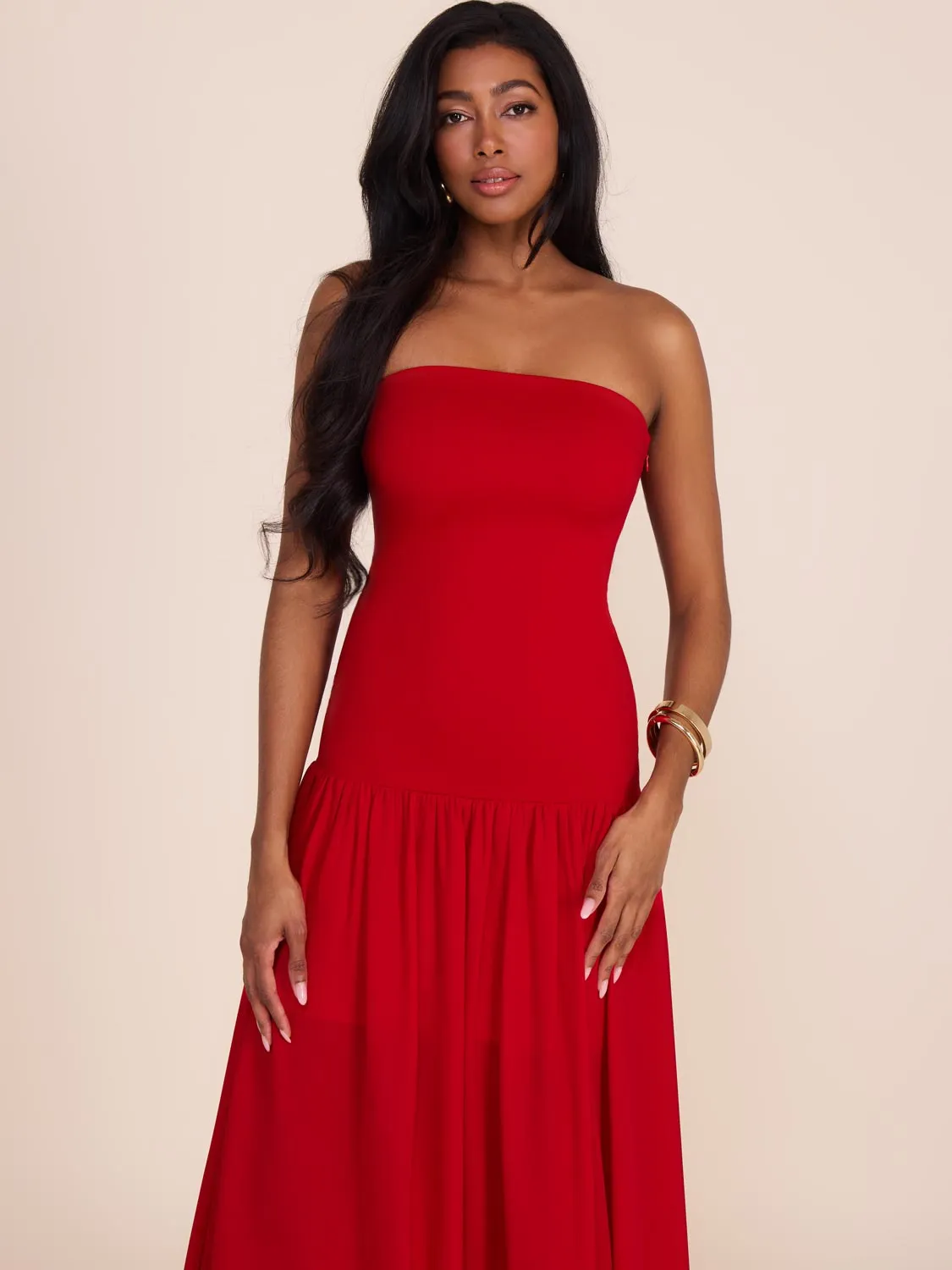 Strapless Midi Dress With Chiffon Skirt sold by Suzy Shier product image thumbnail 3