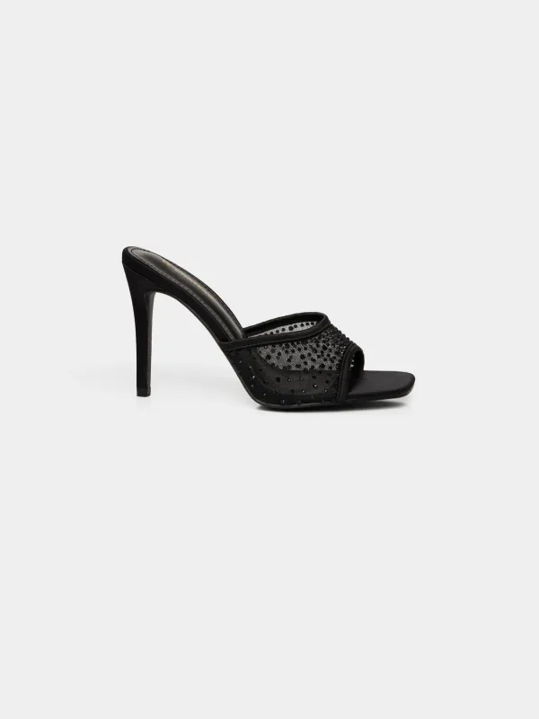 Satin & Jewelled Mesh High Heel Mule sold by Suzy Shier