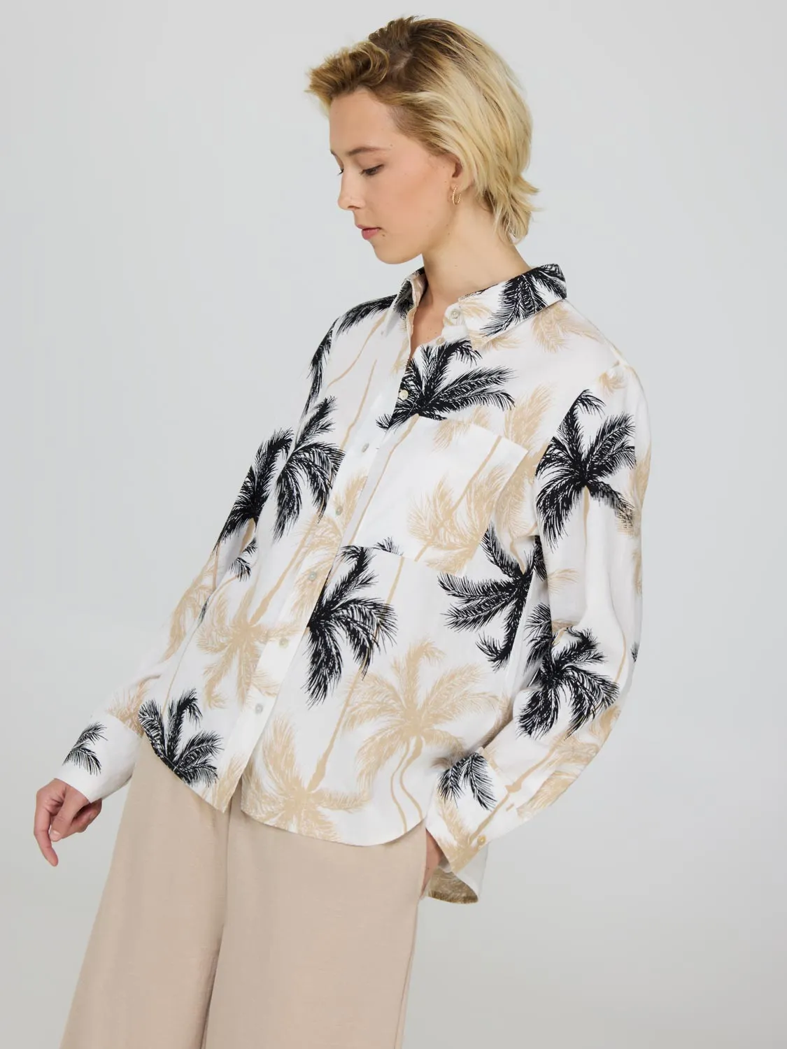 Tropical Print Button-Up Linen Shirt sold by Suzy Shier