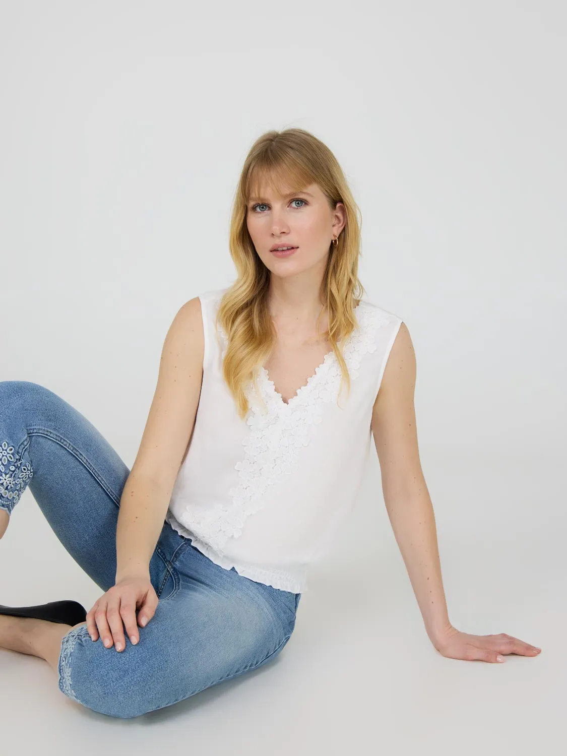 Sleeveless V-Neck Top With Floral Embroidery sold by Suzy Shier