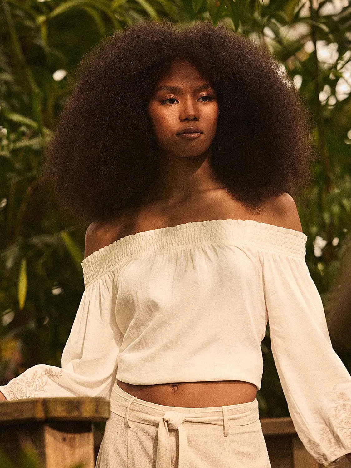 Off-The-Shoulder Linen Bubble Hem Top sold by Suzy Shier