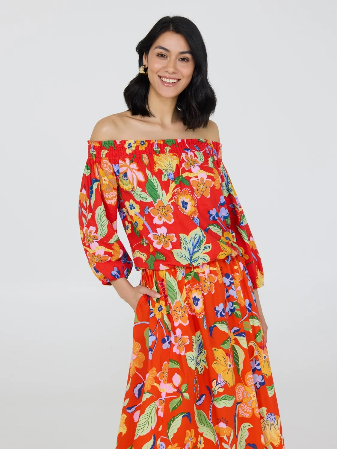 Floral Off-The-Shoulder Linen Bubble Hem Top sold by Suzy Shier product image thumbnail 2