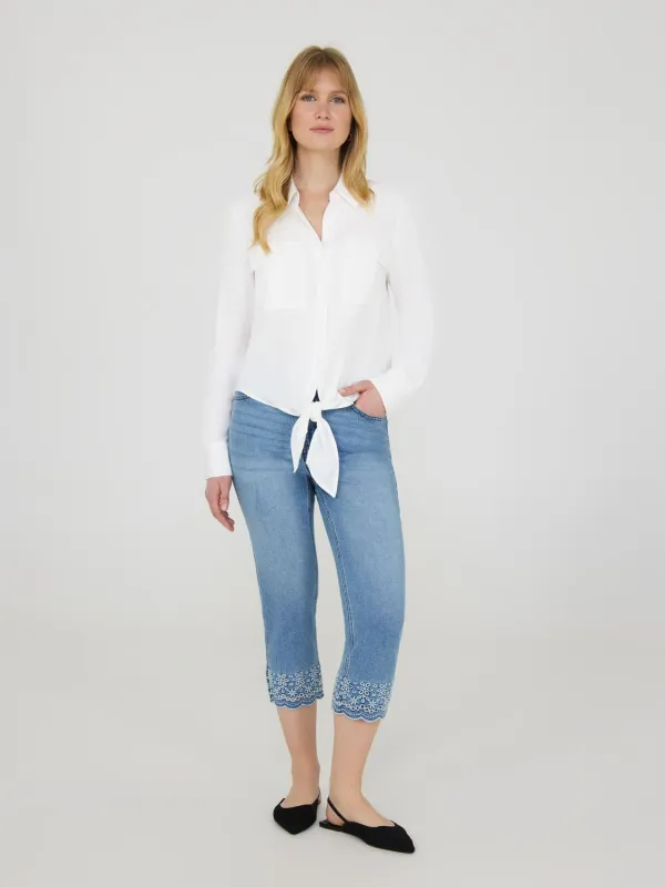 Denim Capri Pants With Embroidered Hem sold by Suzy Shier