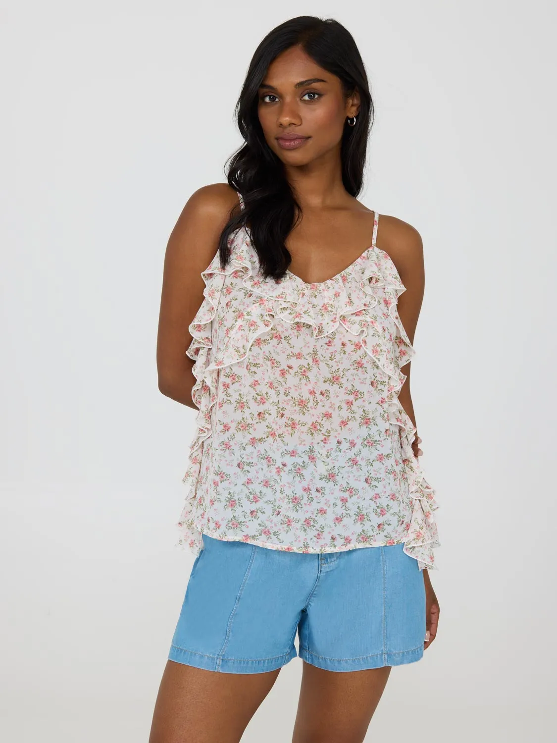 Floral Print Ruffle Chiffon Tank Top sold by Suzy Shier