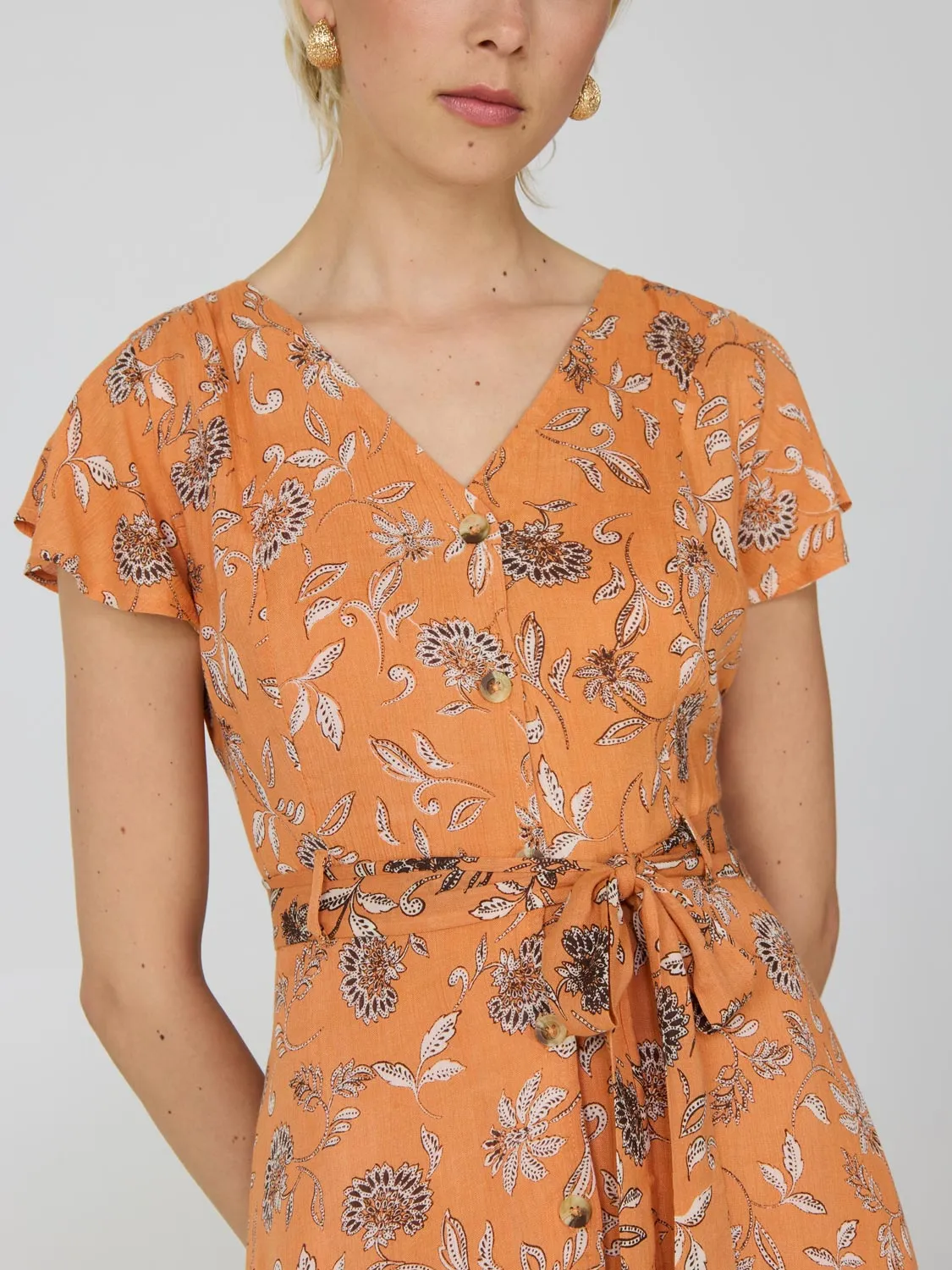 Printed Flutter Sleeve Button-Front Midi Dress sold by Suzy Shier product image thumbnail 2