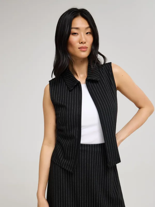 Sleeveless Pinstripe Johnny Collar Top sold by Suzy Shier