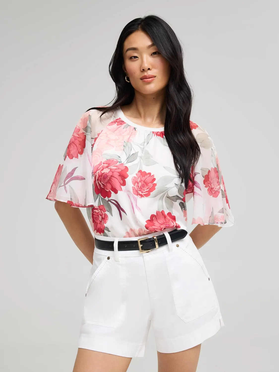 Floral Satin Top With Chiffon Flutter Sleeves sold by Suzy Shier