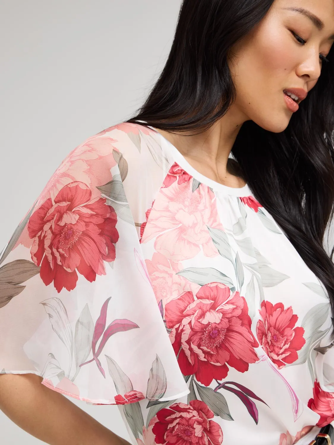 Floral Satin Top With Chiffon Flutter Sleeves sold by Suzy Shier product image thumbnail 3