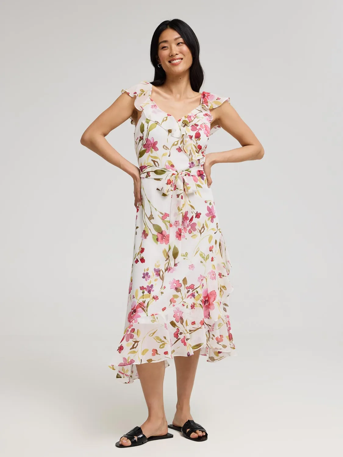 Floral Ruffle Wrap Front Chiffon Dress sold by Suzy Shier
