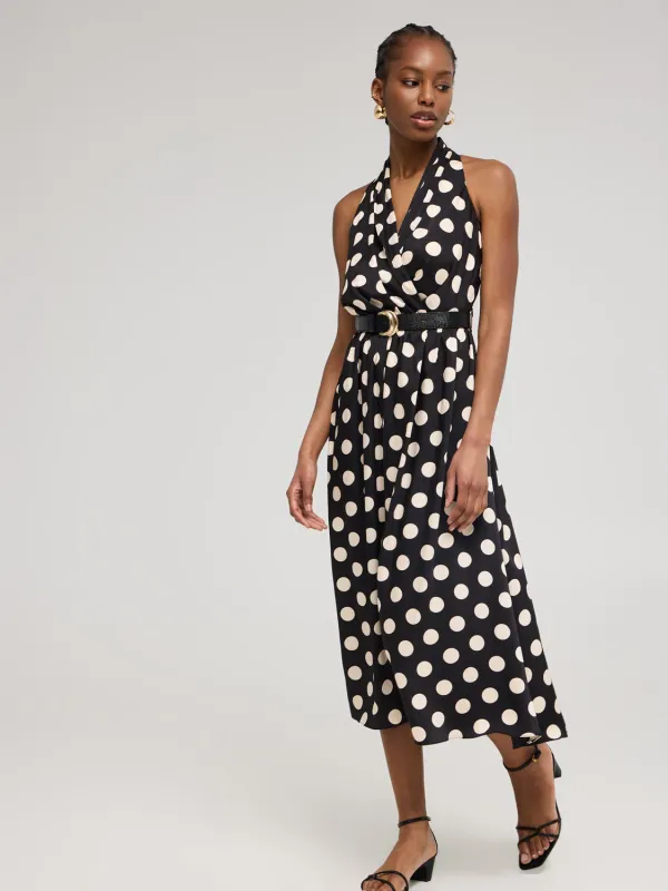 Satin Dot Print Halter A-Line Dress sold by Suzy Shier