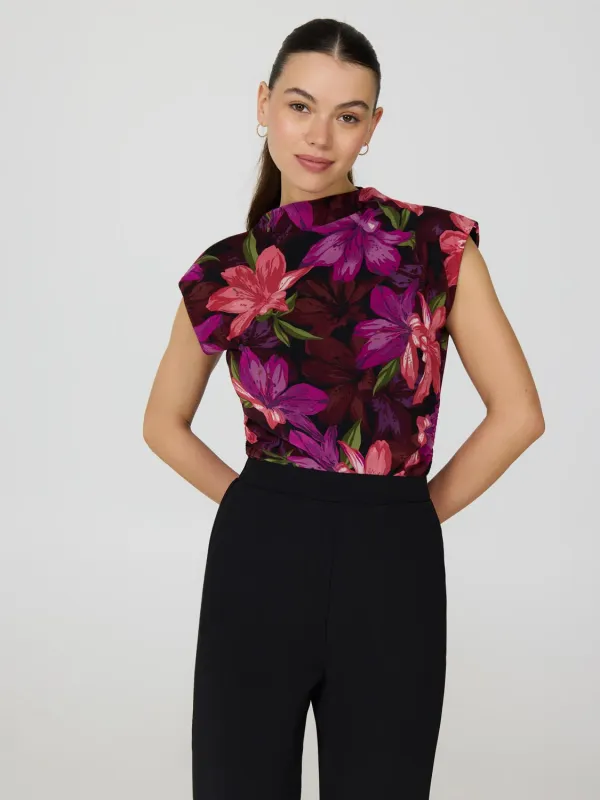 Sleeveless Floral Mock Neck Mesh Top sold by Suzy Shier