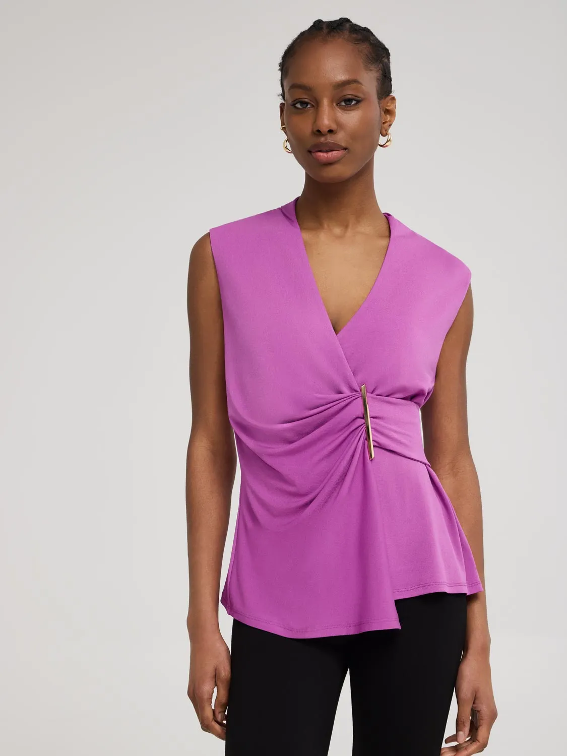 Sleeveless Crossover Top With Metal Bar Detail sold by Suzy Shier