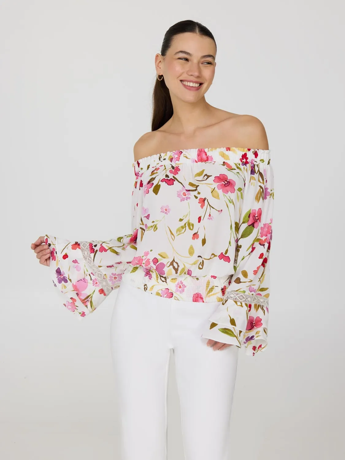 Floral Off-The-Shoulder Chiffon Top sold by Suzy Shier