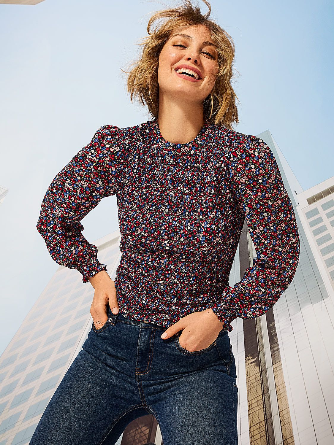 Round Neck Long Sleeve Smocked Top sold by Suzy Shier