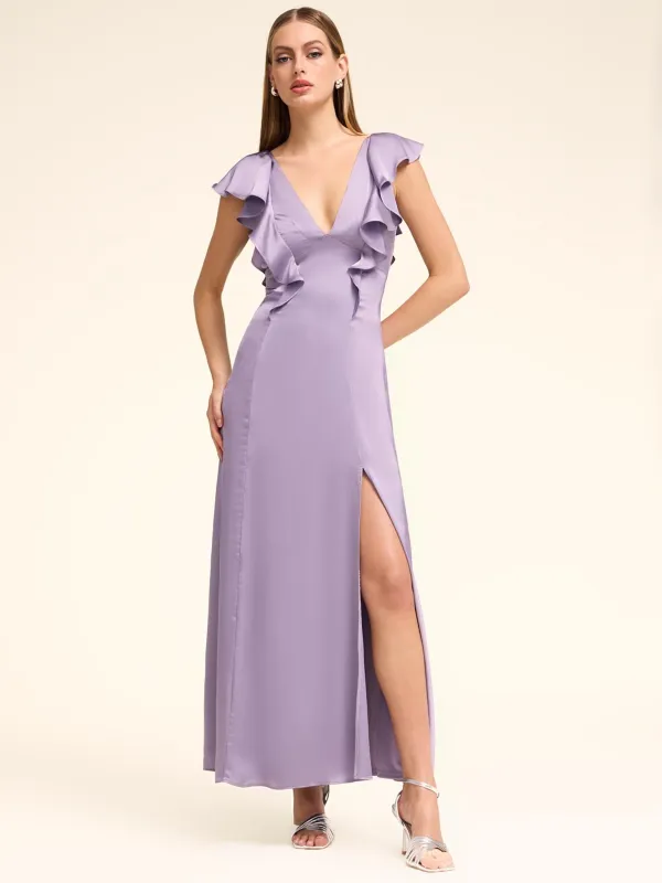 V-Neck Satin Dress With Ruffles sold by Suzy Shier