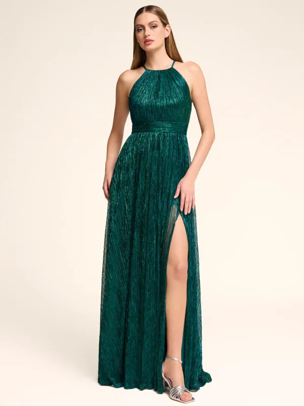 Metallic Crinkle Knit Halter Neck Gown sold by Suzy Shier