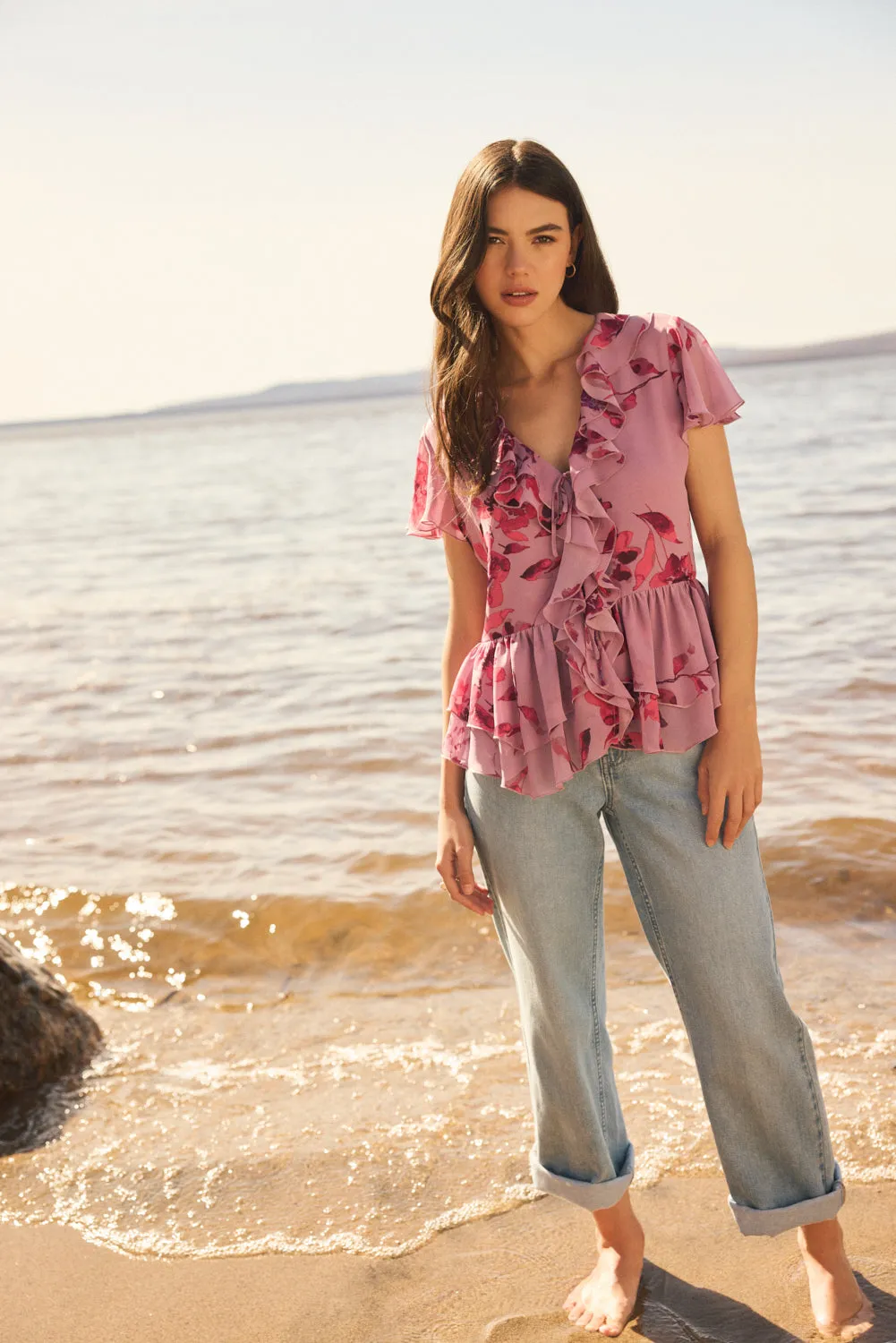 Floral Flutter Sleeve Tie-Front Blouse sold by Suzy Shier