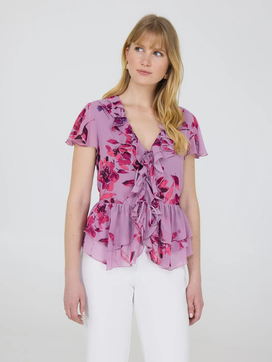 Floral Flutter Sleeve Tie-Front Blouse sold by Suzy Shier product image thumbnail 2