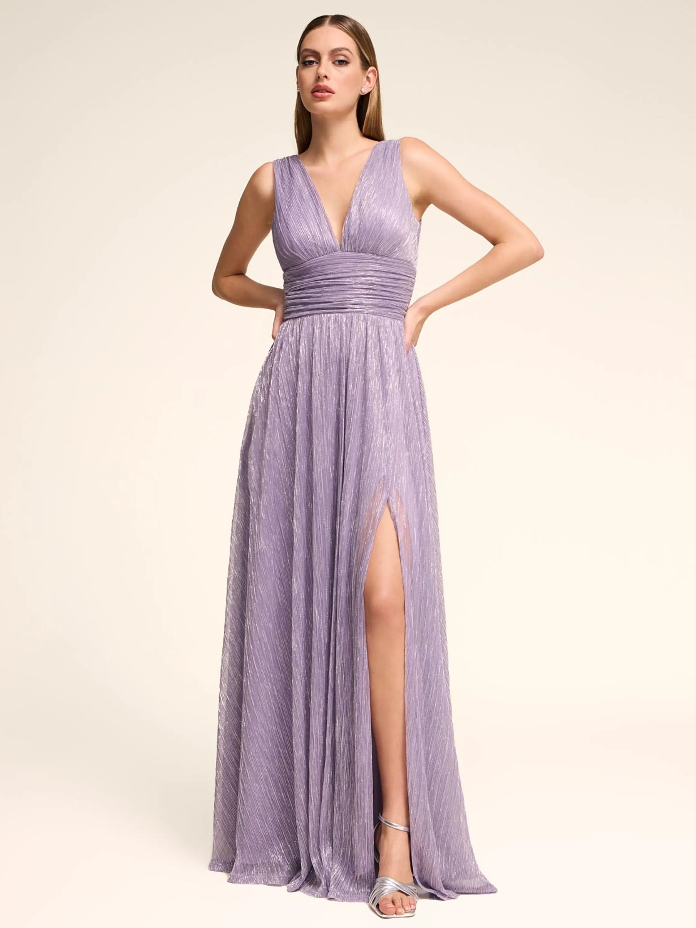 V-Neck Metallic Crinkle Knit Gown sold by Suzy Shier