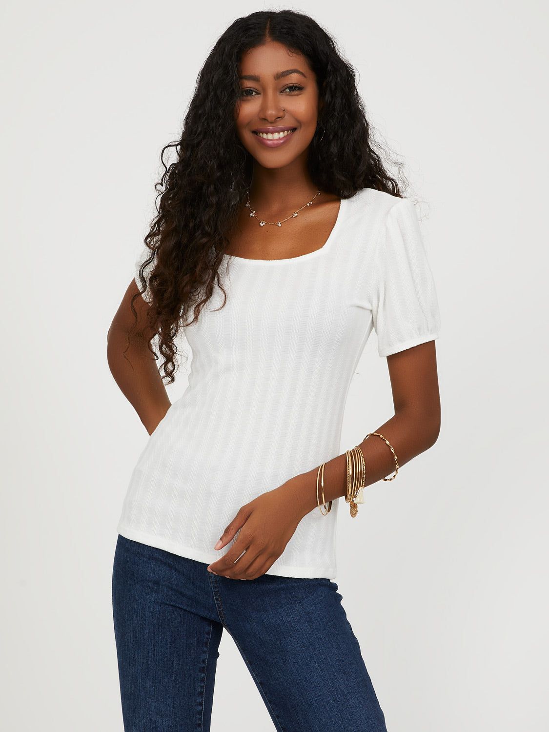 Square Neck Puff Sleeve Top sold by Suzy Shier