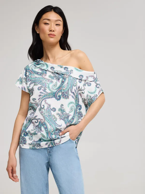 Paisley Off-Shoulder Satin Top sold by Suzy Shier