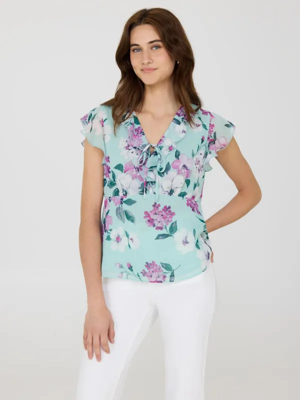 Ruffle V-Neck Floral Top sold by Suzy Shier