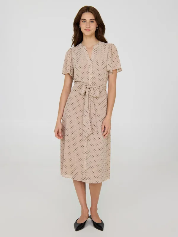 Polka Dot Split Neck Chiffon Midi Dress sold by Suzy Shier