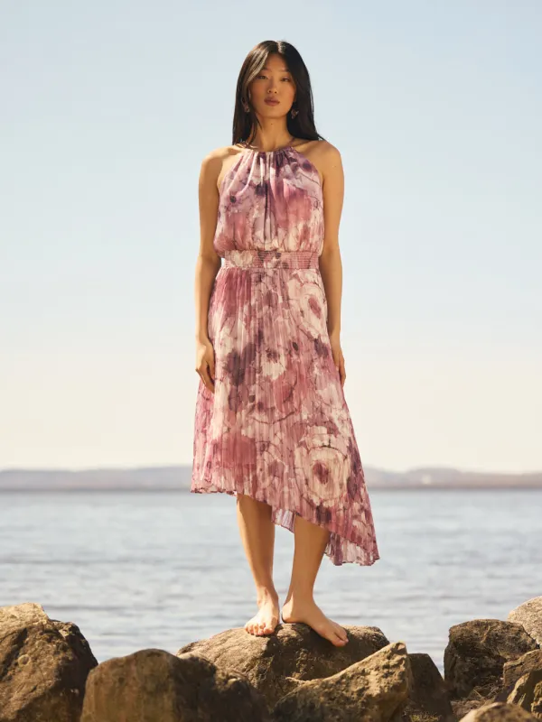 Halter Pleated Asymmetrical Floral Dress sold by Suzy Shier