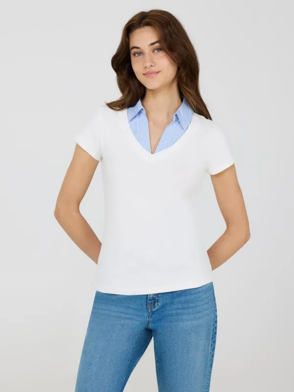 Poplin Collar Ribbed V-Neck Top sold by Suzy Shier