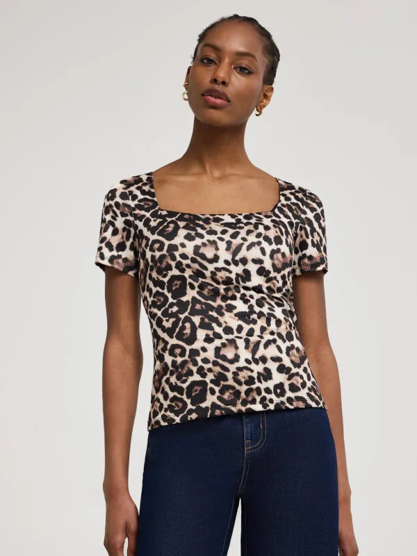 Double Layer Animal Print Square Neck T-Shirt sold by Suzy Shier