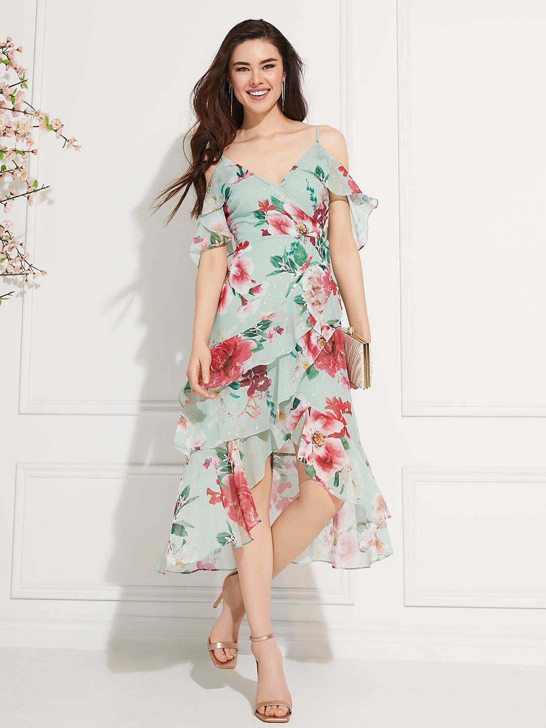 Printed High-Low Jacquard Chiffon Dress sold by Suzy Shier