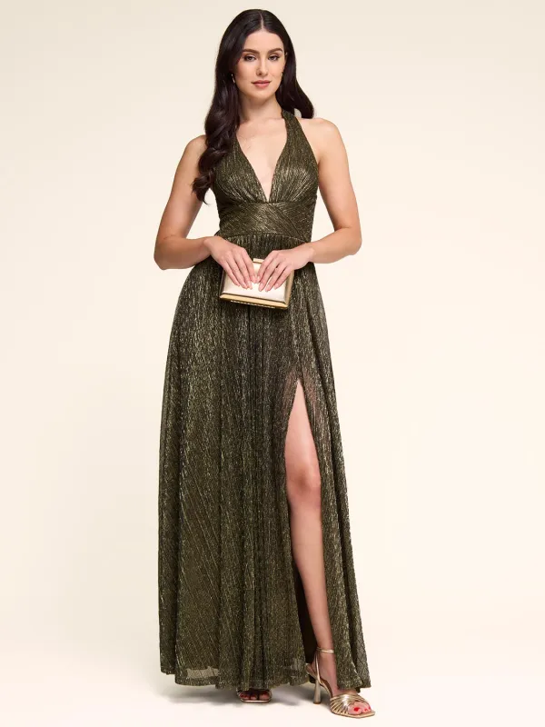 Metallic Crinkle Knit Crossover Gown sold by Suzy Shier