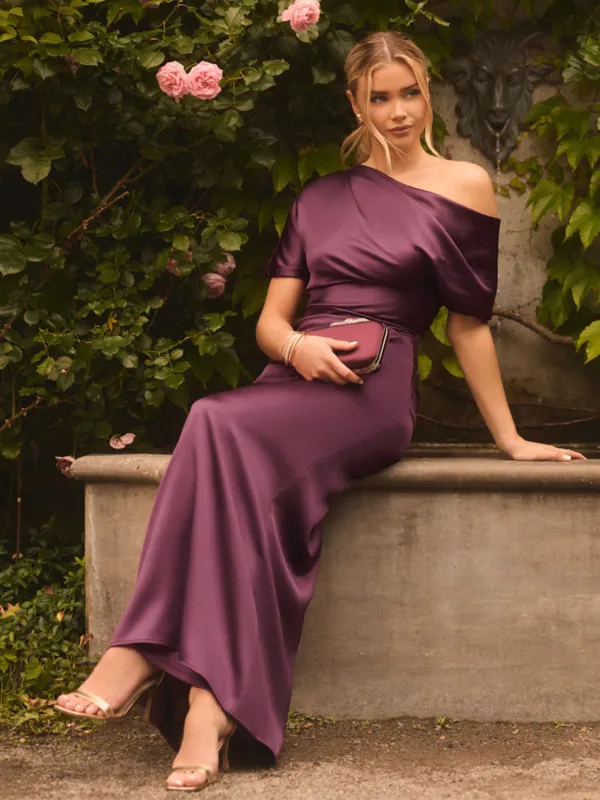 Satin Gown With Asymmetric Neckline sold by Suzy Shier