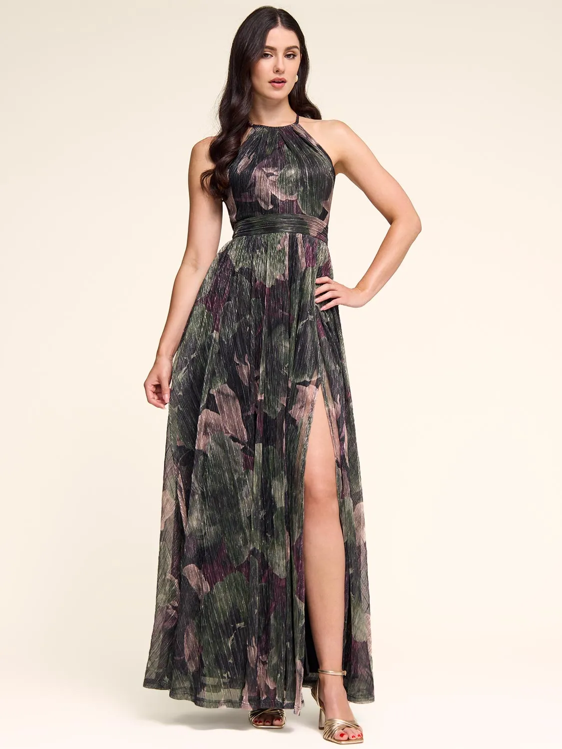 Floral Metallic Crinkle Knit Halter Neck Gown sold by Suzy Shier product image thumbnail 2